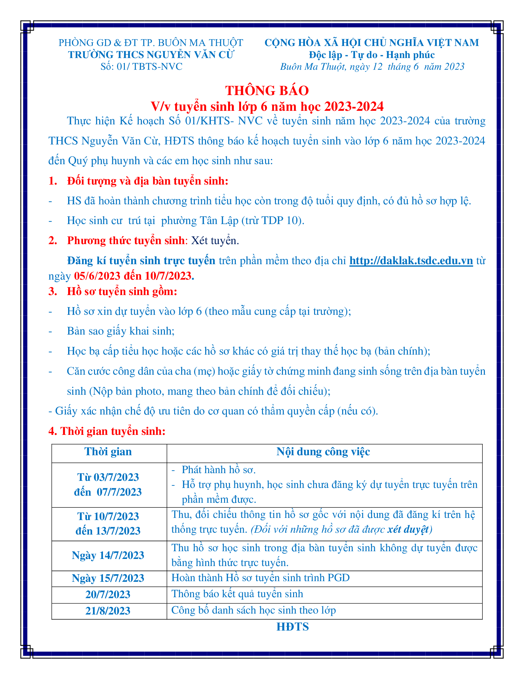 THÔNG BÁO TUYỂN SINH LỚP 6 NĂM HỌC 2023-2024